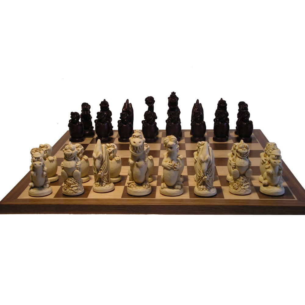 Prehistoric Stonecast Dinosaur Chess Set With Two Extra Queens 