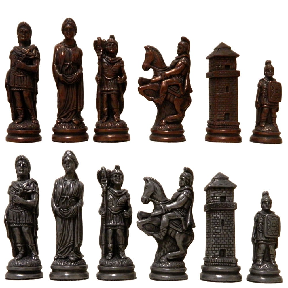 Brass Romans Vs Barbarians Chessmen & Leatherette Cabinet Chess Set Green (Metal Pieces) - Fancy Chess