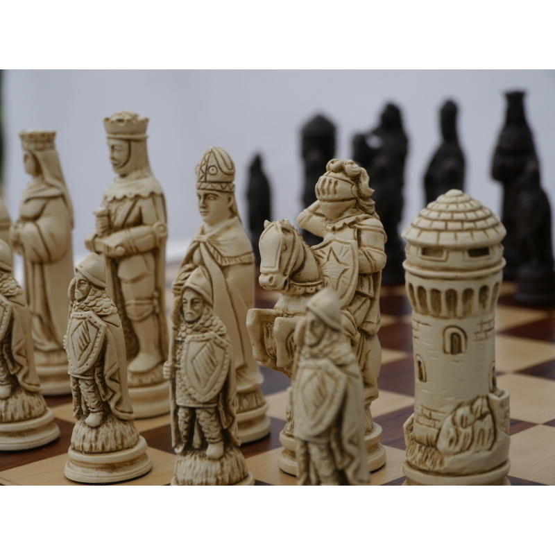 Brass Camelot Themed Chessmen & Leatherette Cabinet Board Chess Set Brown - Fancy Chess