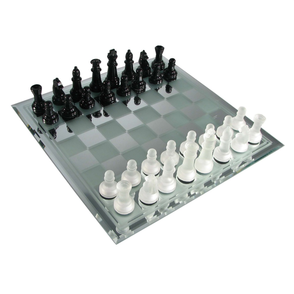 15 Black and Frosted Glass Chess Set with Mirror Board