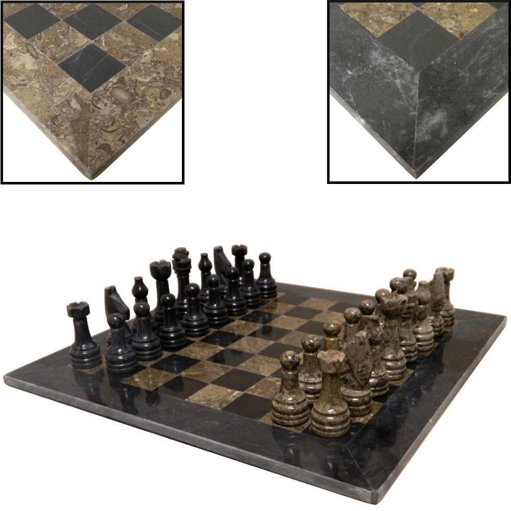 16 Black and Fossil European Style Marble Chess Set